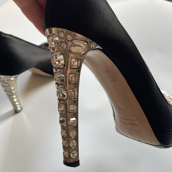 Miu Miu Black Satin Calzature Raso Open Toe Swarovski Crystal 4" Heels - Picture 7 of 9